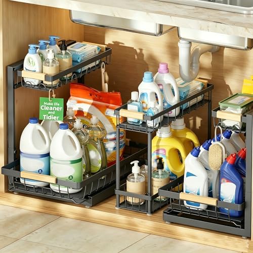 Sevenblue 3 Pack Under Sink Organizer, Height Adjustable 2 Tier Pull-Out Metal Under Kitchen Sink Organizer, Multi-Purpose Storage Shelves for Kitchen Bathroom Cabinet image 5