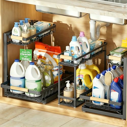 Sevenblue 2 Pack Double Sliding Under Sink Organizers and Storage, 2 Tier Under Bathroom Cabinet Shelf Organizer with Hooks Hanging Cup, Home Organization, Black