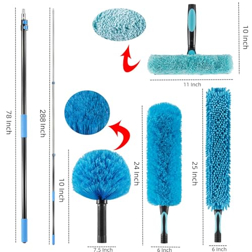 Image of 30 Foot High Ceiling Fan Duster with 6-24ft Extension Pole, Extendable Reusable Cobweb, Feather, Window Cleaning Squeegee Kit