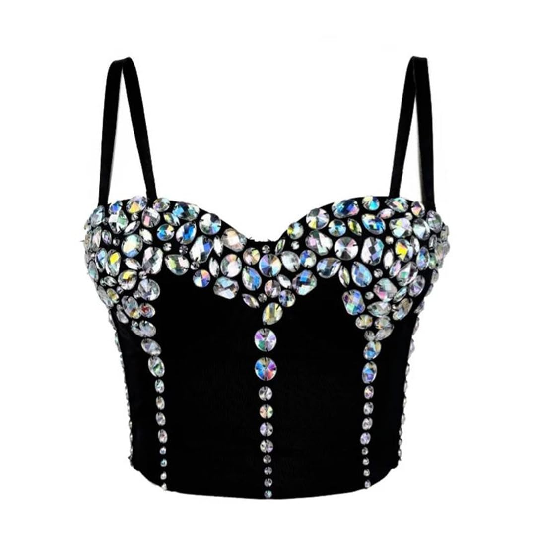 Yeuyyben Corsetto da donna con strass crop top senza maniche fatto a mano perline slim fit performance costume canotta