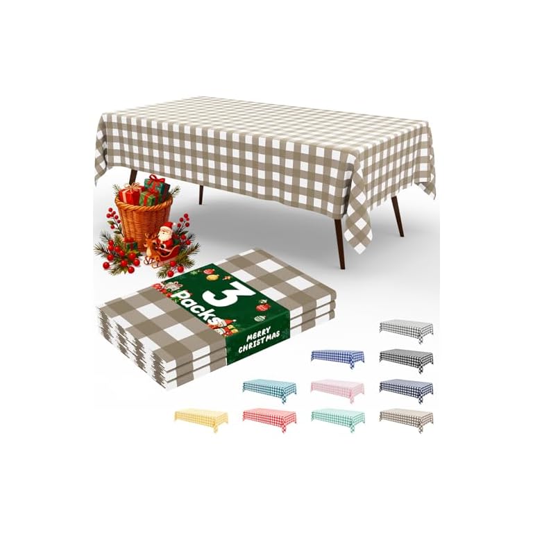 misaya 3 Packs Buffalo Disposable Table Cloth, 54 x 108 Inch Waterproof Plastic Tablecloth, Rectangle White and Khaki Checkered Table Covers for Picnic, Birthday, Party