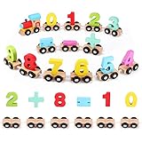 Wooden Number Train Set 31 PCS(14 Linking Cars, Great Gift for Girls and Boys - Best for 3, 4, 5 Year Olds and Up) Compatible for Wooden Tracks from All Major Brands-Preschool Toddler Educational Toy