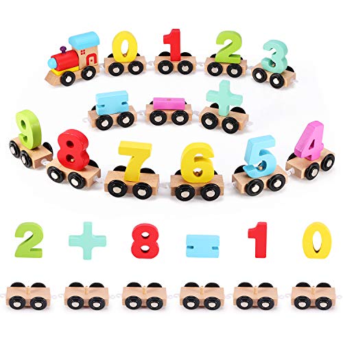 Voamuw Wooden Number Train Set 31 PCS(14 Linking Cars, Great Gift for Girls and Boys - Best for 3, 4, 5 Year Olds and Up) Compatible for Wooden Tracks from All Major Brands