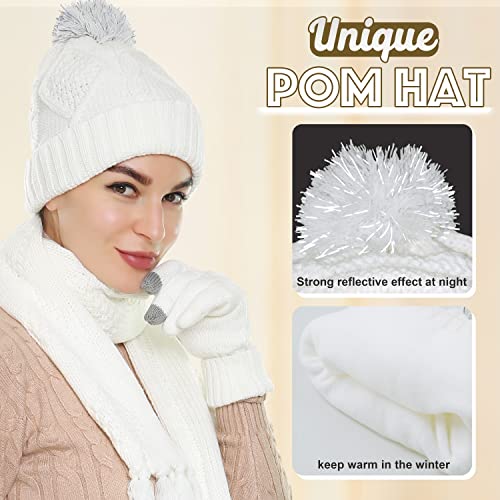 Hat Gloves Scarf Set for Women, Winter Beanie Warm Knit Pom Hat Touch Screen Glove Long Scarf 3pcs Winter Gift Set for Women3