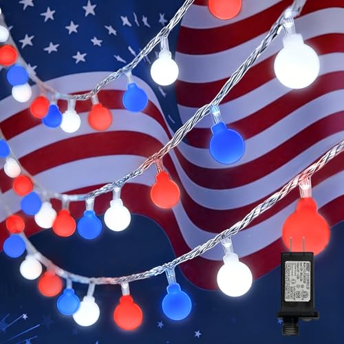 LAMPHOME Red White Blue String Lights, 33ft 100 LED 16 Modes Fairy Lights, Plug in Red White and Blue Outdoor Lights, Patriotic Fourth of July Lights for 4th of July Decorations Tree Garden Party