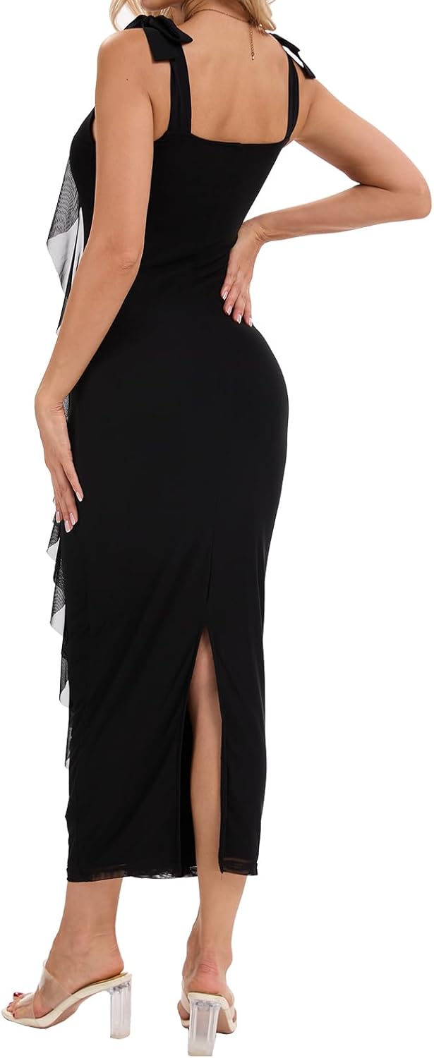 Women's Sexy Bodycon Maxi Dress Ruffle Ruched Cocktail Party Stretch Tied Strap Split Slim Dresses - Image 4