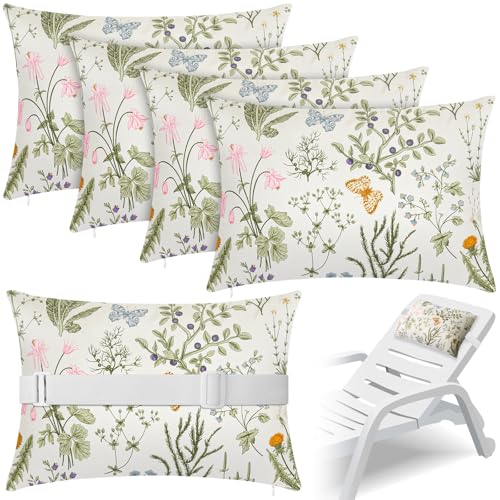 Lineshading 4 Pcs Chaise Lounge Pillow with Strap Outdoor Waterproof Pool Chair Neck Headrest Pillows with Adjustable Elastic Band for Beach Patio Chair Recliner(Colorful,Wildflower)