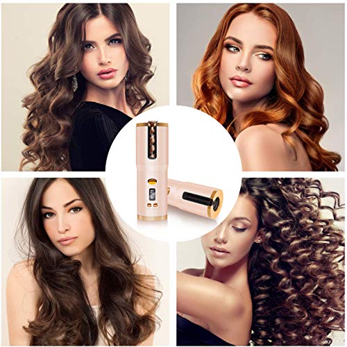 Cordless Auto Curler, Automatic Curling Iron, Rechargeable Auto Hair Curler with 6 Temperature & Timer Settings, Auto Shut-Off Portable Curling Wand for Hair Styling