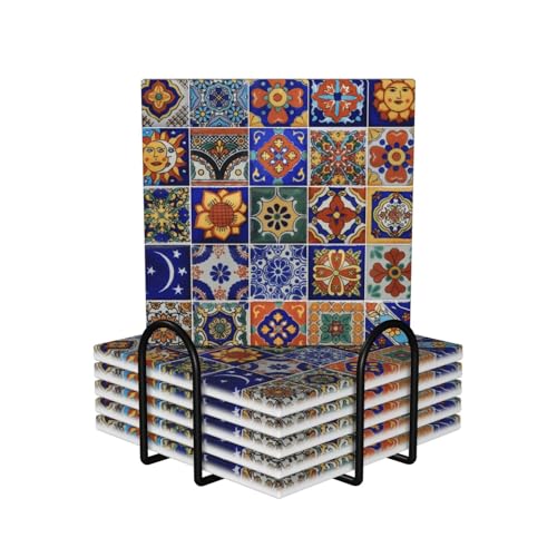 Colorful Talavera Mexico Tiles Square Ceramic Coasters Set of 6 Pack, Vintage Mexican Sun Boho Moon Tile Stone Drink Coaster with Cup Holder Anti-Scratc Cork Backing Bar Kitchen Home Housewarming Gift