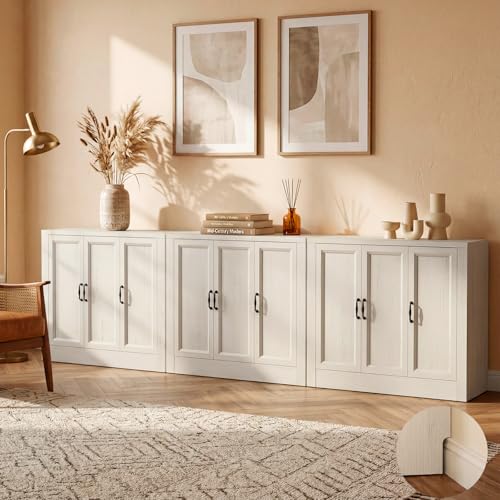 118"W Modern Buffet Cabinet with 9 Doors 12 Zones, Modular Sideboard Cabinet with Baseboard Design & Adjustable Shelves, Sturdy Coffee Bar Storage Credenza for Kitchen, Living Room (Vintage White)