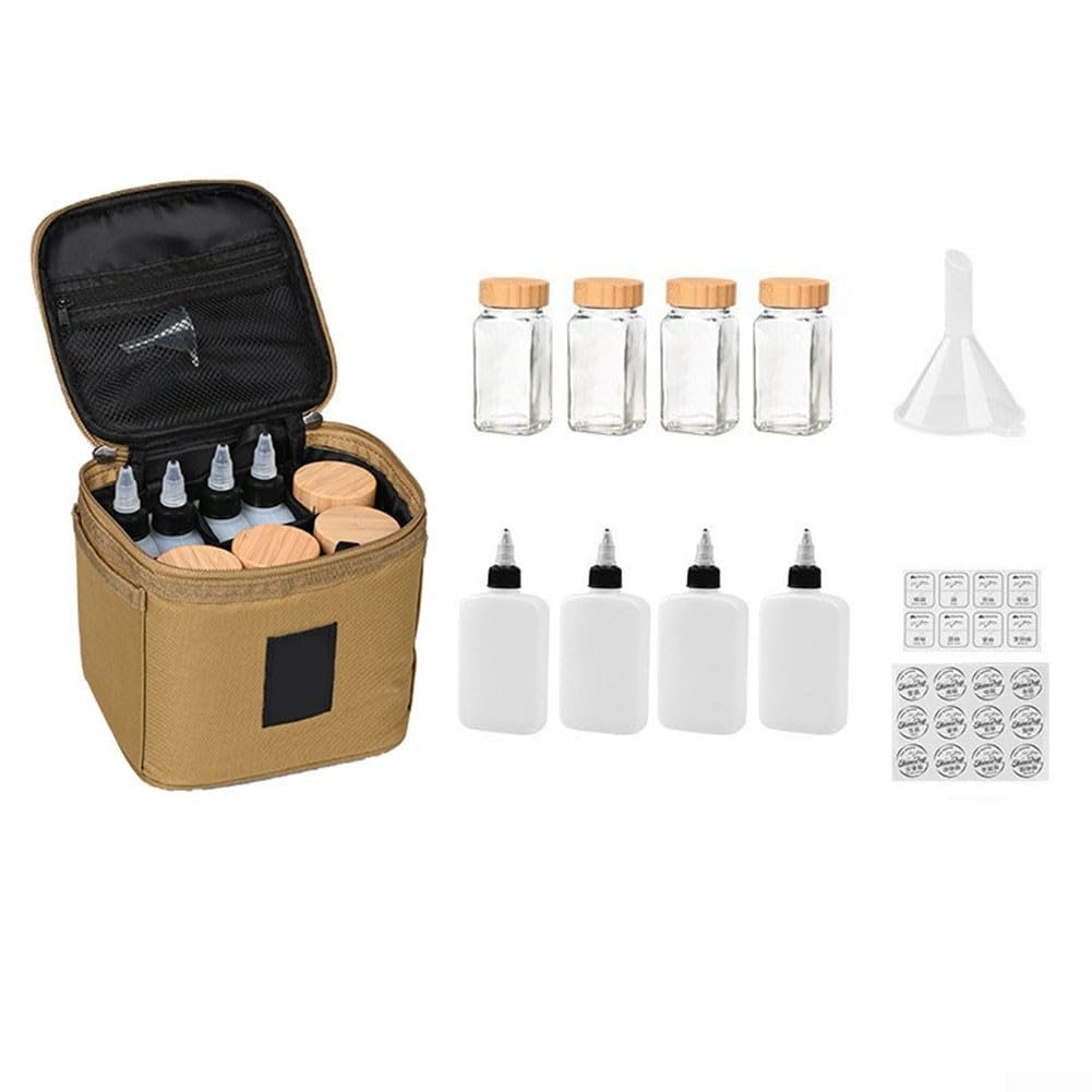 Posheliox Camping Spice Kit Organizer with 4 Bottles, Outdoor Seasoning Bottle Set for Hiking, 900D Oxford Condiment Storage Bag with Funnel and Stickers, Portable(Khaki)