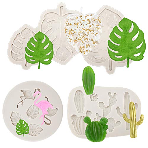 3 Pieces Flamingo Tropical Leaf Cactus Molds Silicone Fondant Molds Hawaiian Cake Molds Set for Making Chocolate Gum Paste Candy Cake Decorating Supplies
