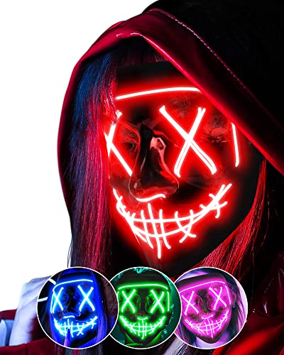 LED Masque Halloween, Effrayant LED Masque Visage, La Purge Masque Lumineux 3 Modes d'éclairage, Halloween Masque LED Pour les Carnavals, les Bals Masqués et les Soirées Costumées de Cosplay - Rouge