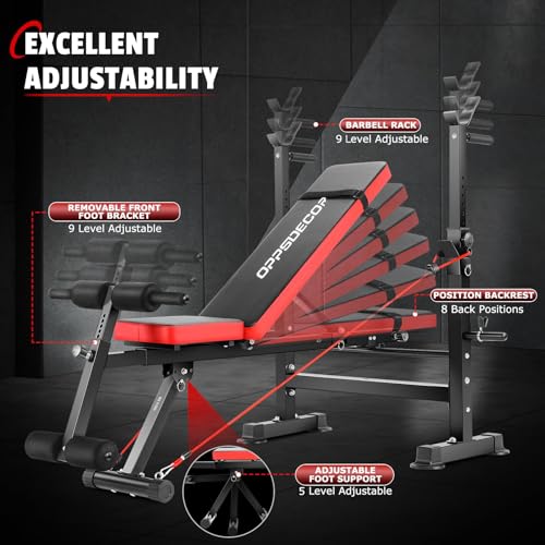 OPPSDECOR Adjustable Weight Bench Set with Squat Barbell Rack and Removable Foot Bracket, Bench Press Workout Bench with Weight Storage Sit up Incline Flat Decline 600lbs 6 in 1 Weight Bench for Full - Thumbnail 2