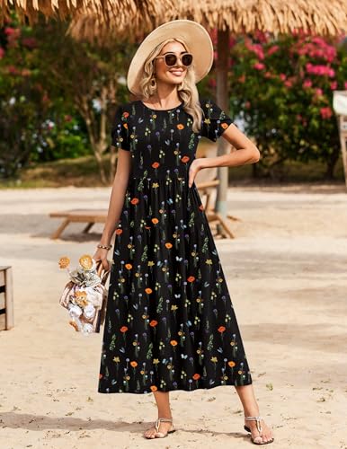 Image of Zeagoo Summer Dresses for Women 2026 Maxi Bohemian Floral Short Sleeve Long Dress Casual Flowy Tired Beach Sundress