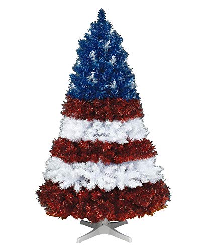 Treetopia Stars and Stripes Full Profile Hinged 6 Ft Artificial Prelit Holiday Christmas Tree w Clear LED Lights, On Off Foot Pedal, & Premium Stand