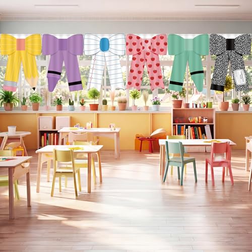 Macarrie 6 Pcs 36 x 24 School Classroom Bow Curtains Cute Back to Classroom Pencil Crayon Apple Notebook Composition Bow Window Curtains for First Day of School Kindergarten Daycare Primary Decor