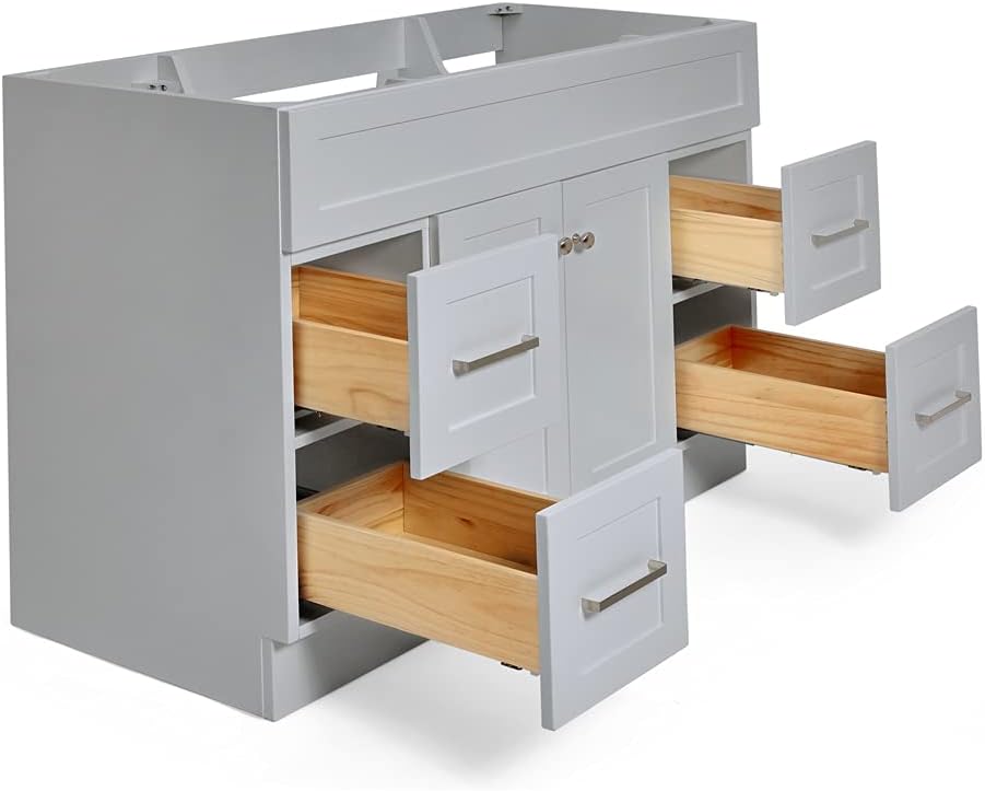 ARIEL Hamlet 42-inch Bathroom Vanity Base Cabinet,Solid Wood, 2 Soft Closing Doors, 4 Dovetail Drawers, Brushed Nickel, Grey