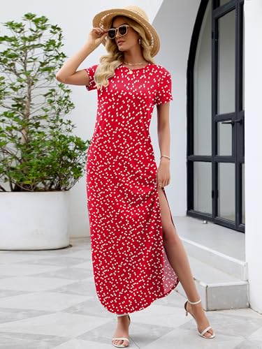 Image of Heymoments Womens Summer Maxi Dress Short Sleeve Casual Loose Long T Shirt Split Vacation Beach Sundress with Pockets