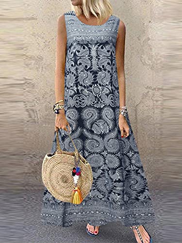 Zanzea Women's Summer Sleeveless Round Neck Maxi Dresses Casual Color Printing Sundress Plus Size Beach Mid-Calf Length Long Dress 06-Navy 3X-Large #TOP2