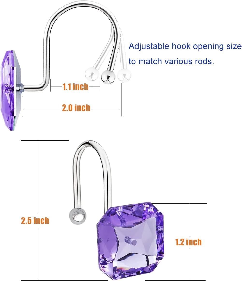 Shower Curtain Hooks Rings for Bathroom, Stainless Steel Rust Resistant Decorative Rhinestones Square Purple Shower Hooks Hangers for Shower Curtains, Clothing, Towels, etc. image 3