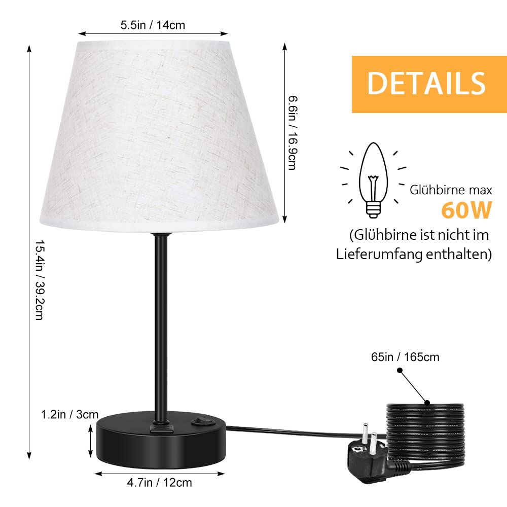 Zestaw 2 lamp nocnych LIANTRAL z 2 gniazdami USB, E27, nowoczesna lampa stołowa z metalową podstawą i abażurem z tkaniny, lampka nocna do sypialni, salonu, biura