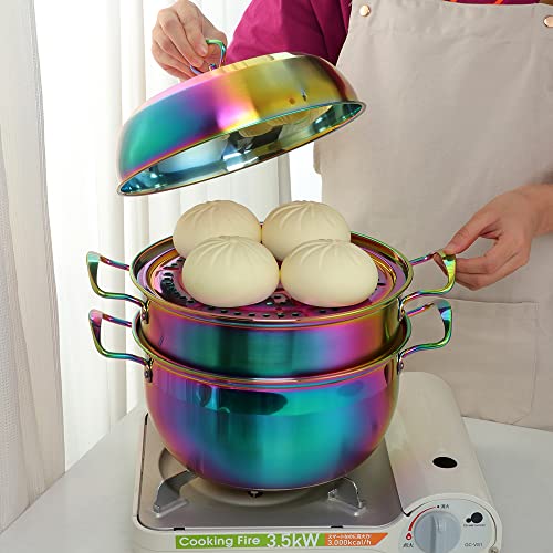 Qiboorun 3 Tier Premium Heavy Duty Stainless Steel Steamer Pot Set Includes 2 Tier Cooking Pot, 1 Steaming Septa And Pot Lid | Stack, Steam Pot Set For All Cooking Surfaces -Rainbow #TOP3