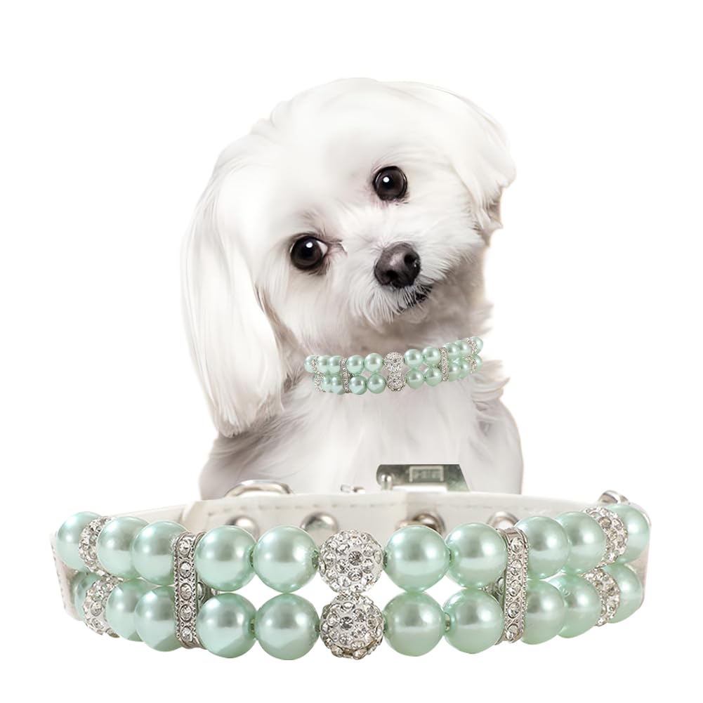 Green Pearl Dog Collar, Bling Dog Collars for Small Dogs Kitten,Necklace Cat Collar Rhinestone Luxury Beaded Puppy Collar Boy for XXS Xs S M Pet,XXS