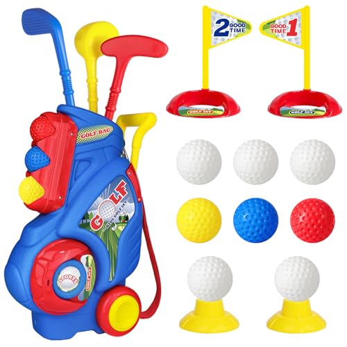 Jovizo Toddler Golf Set for Boys Girls 2 3 4 5 Years Old, Upgraded Kids Golf Cart with 3 Clubs & 8 Balls, Outdoor Indoor Sports Toys Birthday Gift, Blue