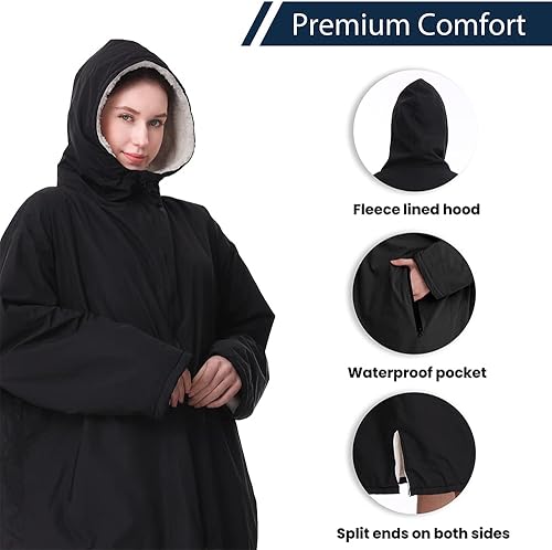 Vista 3 de Oksun Waterproof Swim Parka, Windproof Surf Poncho Warm Coat, Recycled Fabric Water Resistent Oversized Sherpa Lining Jacket