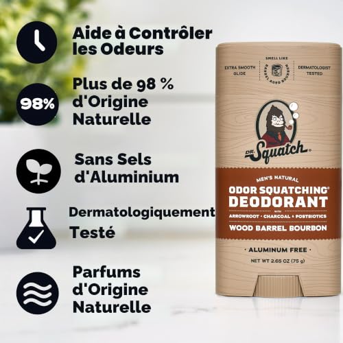 Dr. Squatch Déodorant naturel pour hommes sans aluminium, avec charbon actif et postbiotiques pour jusqu'à 72 heures de protection contre les odeurs corporelles – Wood Barrel Bourbon, 75 g Déo stick – vue 5