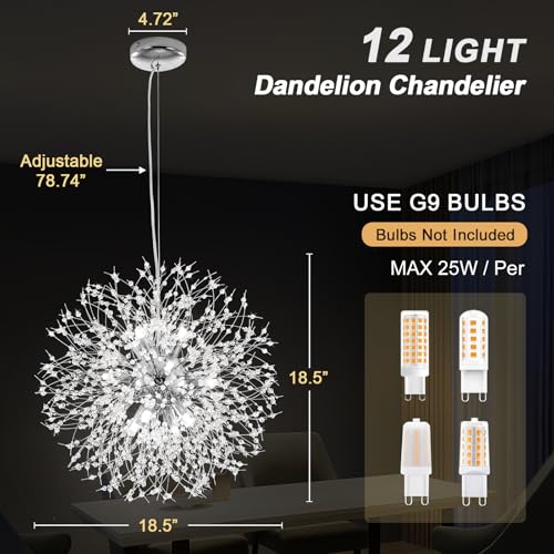 Vikaey Modern Dandelion Firework Chandelier, Chrome Dining Room Chandelier, Crystal Hanging Pendant Lighting Fixture for Living Room, Bathroom, Bedroom, Entryway, 12-Light by Vikaey - Image 4