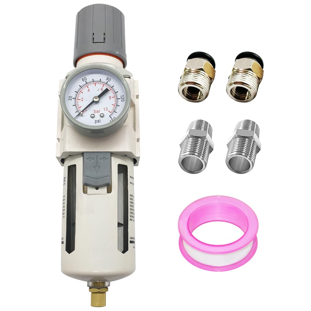 3/8" NPT Air Filter Pressure Regulator Combo Water Separator 0-150 psi Gauge for Air Compressor Line Semi-Auto Drain 5 Micron Brass Element