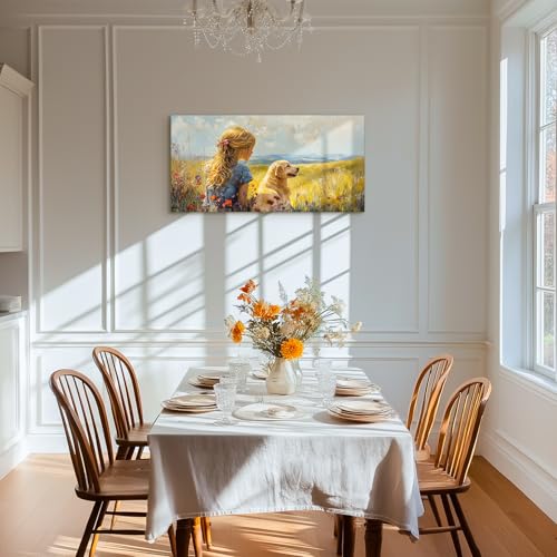 SERIMINO Portrait Landscape Wall Art, Lady and Dog Large Wall Decor, Animal Golden Retriever Cute Canvas Prints, Meadow Wildflowers Rustic House Decorations Living Room Bedroom Bathroom 20"X40"