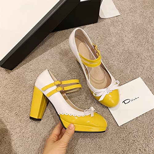Image of Mary Jane Shoes Women Platform High Heels Lolita Cute Bow Pumps Round Toe Kawaii Shoes Yellow