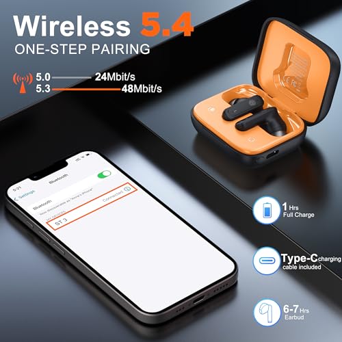 Image of THREE PEACHES Wireless Earbuds Bluetooth 5.4 Headphones, Touch Screen, Call ENC Noise Cancelling, USB Charging Case for iPhone /Android, Black