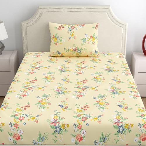 Image of Home Ecstasy 100% Cotton Single Bedsheet with 1 Pillow Cover - (Size 59 x 87 inches, 140 TC, Colour - Beige: Silken Beige)