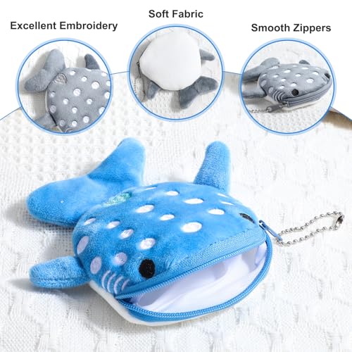 Cute Whale Shark Coin Purse, 2 PCS Small Kawaii Wallet with Zipper Keychain, Plush Cartoon Animal Embroidered Coin Pouch Mini Earphone Bag Funny Novelty Coin Purse for Women (Blue, Gray)3