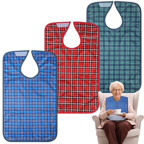 Pedobi Adult Bibs for Women Men 3Pcs,Washable Bib for Elderly Seniors,Waterproof Clothing Protectors for Eating Tartan Design