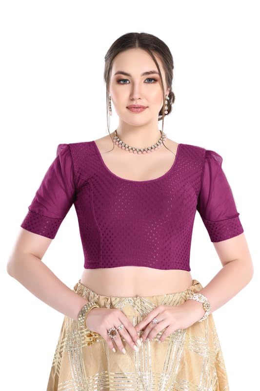 Image of FINESTFIT Stay On Trend Fashion 100% Cotton Readymade Blouses for Women,Round Neckline with Organza Balloon Sleeves.