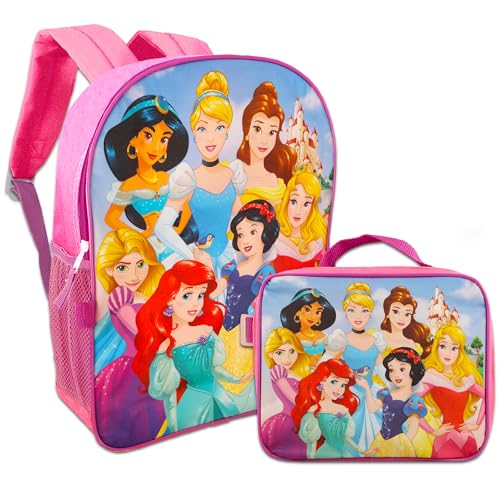 Mochila Disney Princess com lancheira para meninas ~ Pacote de 5 peças com bolsa escolar de luxo de
