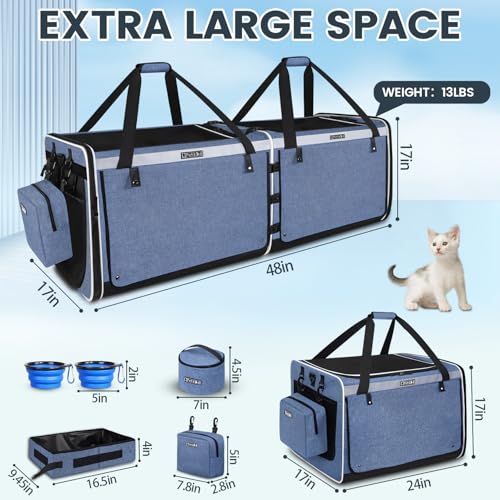 Image of Petskd Double Extra Large Cat Carrier with Litter Box and Privacy Curtain, 48 inchx17 inchx17 inch Soft Cat Car Travel Carrier with Locking Zippers for Multiple Cats Long Distance Trip(Blue)