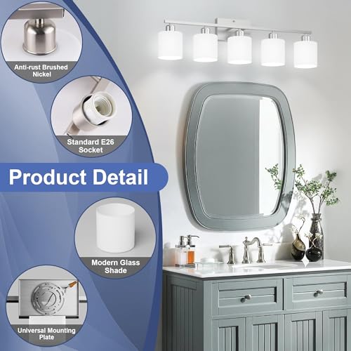 Image of Bathroom Lights Over Mirror Brushed Nickel, Anti-Rust 5-Light Bathroom Vanity Light Fixtures, Modern 28.34Inches Wall Sconces E26 Base, Milky White Glass Shades, Bulbs Not Included