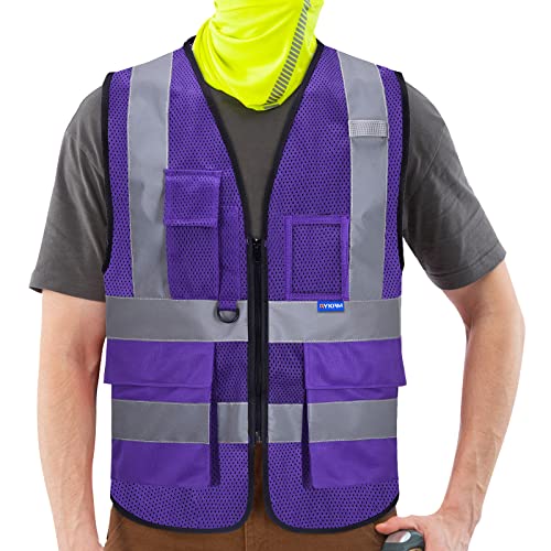 Image of High Visibility Mesh Vest with Clear ID Pocket, Zipper, Purple, L | Purple L mesh safety vest with reflective strips, mic tabs and 7 pockets for refinery technicians and laboratory safety.