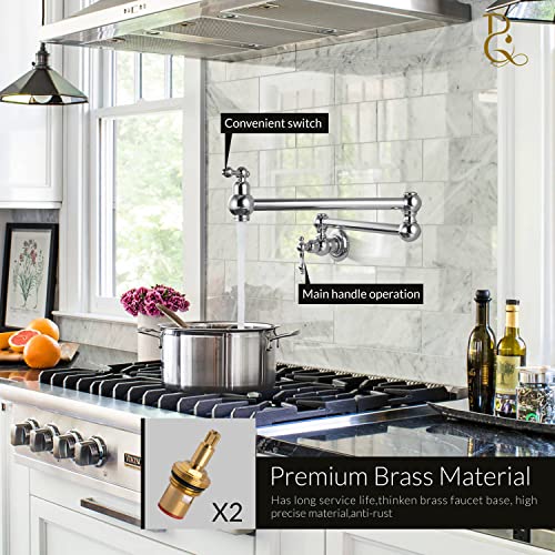 Brassqueen Polished Chrome Classical Extendable Sink Faucet 360 Degree Swivel Double Articulating Swing Arm Restaurant Or Home Kitchen Filling Pots Faucet Single Hole Two Lever Handle Npt Wall Mount #TOP4