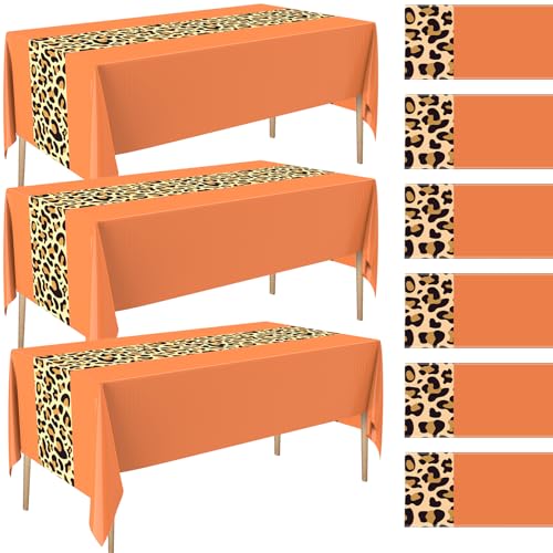 Image of Buryeah Leopard Print Tablecloth 54 x 108'' Leopard Plastic Table Cover Disposable Safari Animal Cheetah Print Party Decorations for Baby Shower Wedding Birthday Party Favors (Orange,3 Pcs)