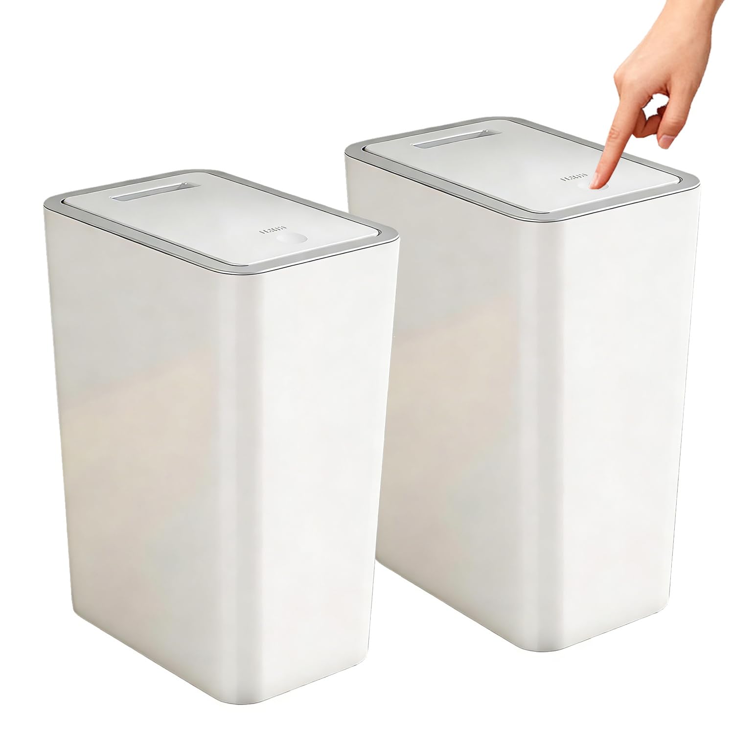 Stowetry 2 Pack 9L Bedroom Bin,Plastic Bathroom Bin with Lid,Slim Push Button Thin Trash Can,Dog Proof Narrow Garbage Can for Bathroom,Bedroom,Living Room,Kitchen,Toilet,Office (White)
