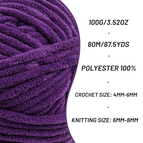 Image of 2 Pack Fluffy Chenille Yarn for Crocheting, Chunky Velvet Yarns for Crochet Amigurumi, Baby Yarn for Crocheting Soft Blanket, 174.9yds /7 oz Bulky Yarns for Crafts /Hats /Shoes /Socks (2 Violet)