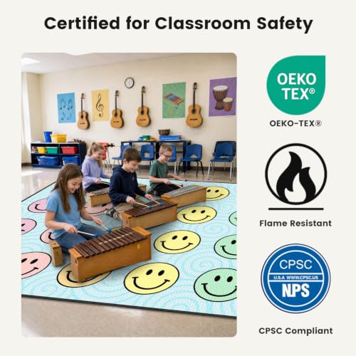 ABCarpet Smiley Face Classroom Rug for Kids, 7'6"x13'1" Pastel Classroom Carpet with Durable Nylon Surface & Non-Slip Backing, Circle Time Rug for Preschool, Daycare, Learning & Reading Area - Image 3