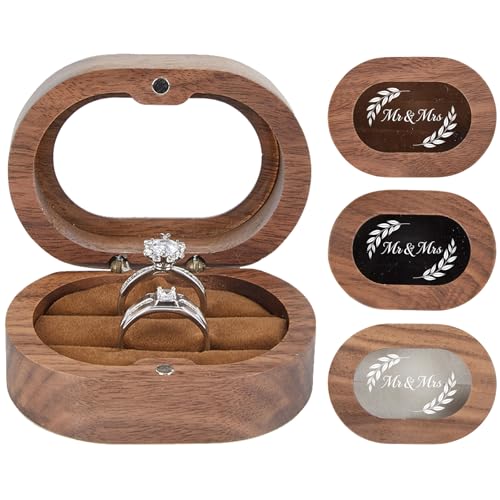 Roycraft Mr & Mrs Wedding Ring Box Oval Transparent Lid Wooden Ring Box with 2 Slots for Engagement Wedding Anniversary (Brown Inner)